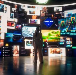 Backview,Of,Caucasian,Woman,Looking,At,Animated,Stream,Of,Content.